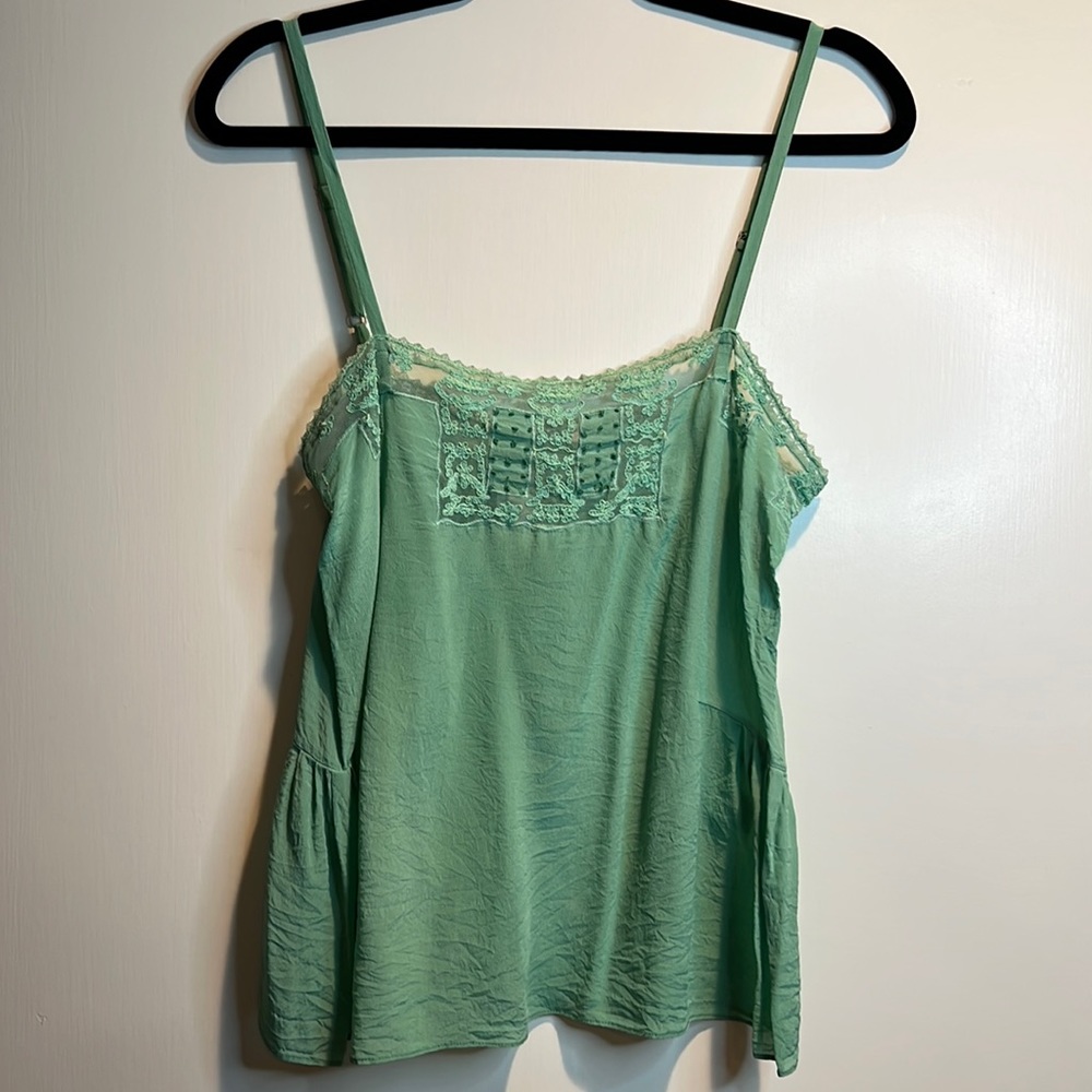 100% Silk Soft Sage Green Cami lace detail gorgeous button keyhole back!